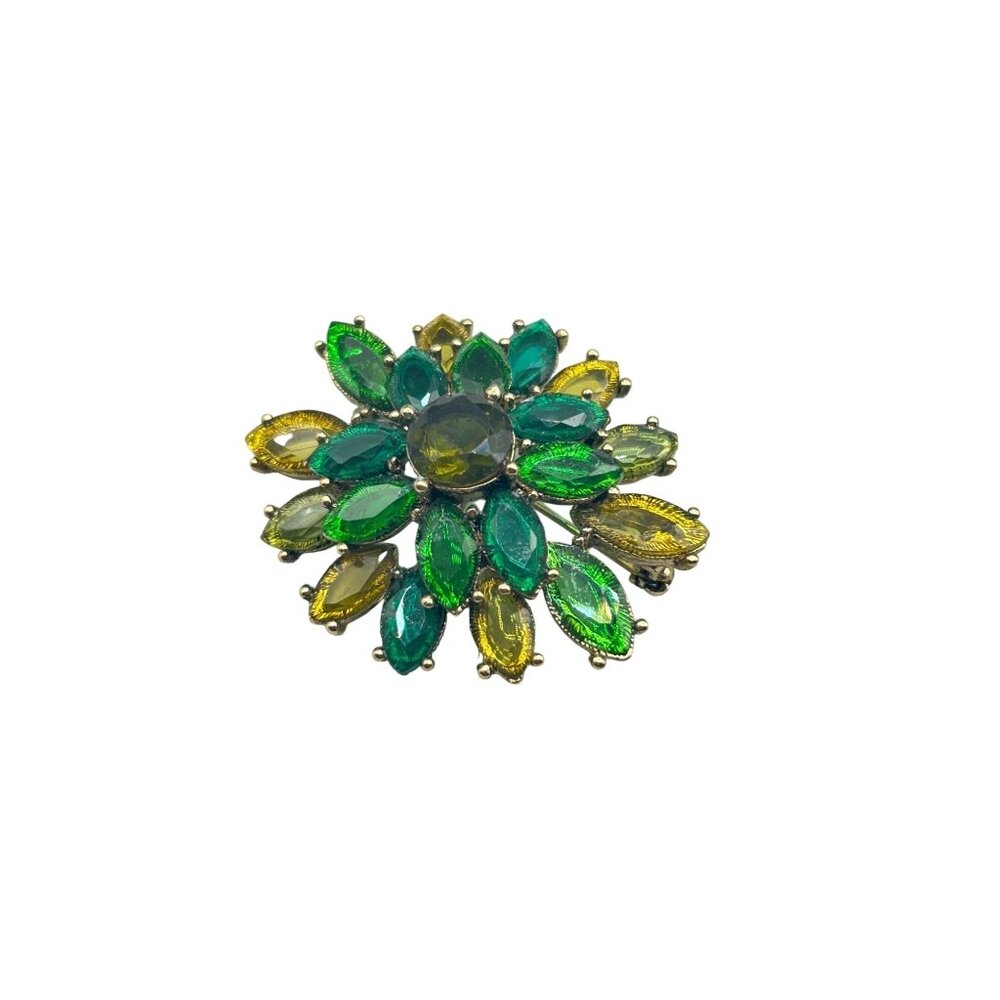 Signed MONET Green & Yellow Rhinestones Flower Acrylic Flatback Stones Gold Tone